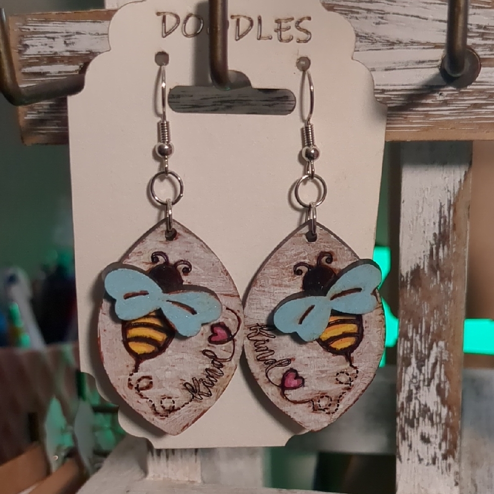 Doodles Hand Painted Bee Heart Dangle Earrings Blue Pink Yellow